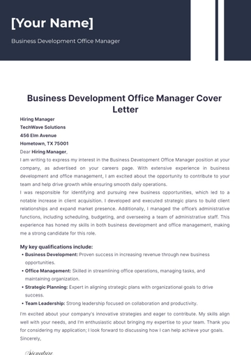 Free Business Development Office Manager Cover Letter to Edit Online