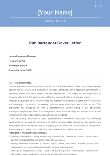 Free Pub Bartender Cover Letter to Edit Online