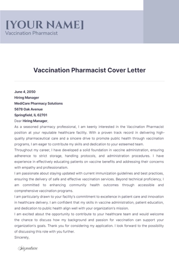 Free Vaccination Pharmacist Cover Letter to Edit Online