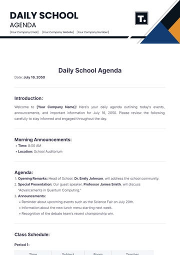 Free Daily School Agenda Template to Edit Online