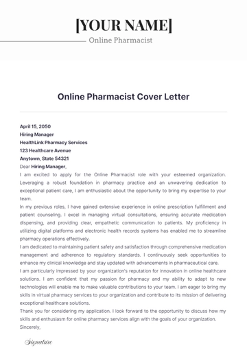 Free Online Pharmacist Cover Letter to Edit Online