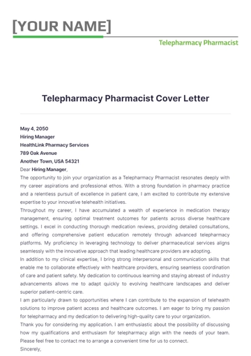 Free Telepharmacy Pharmacist Cover Letter to Edit Online