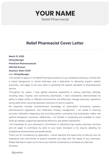 Free Relief Pharmacist Cover Letter to Edit Online