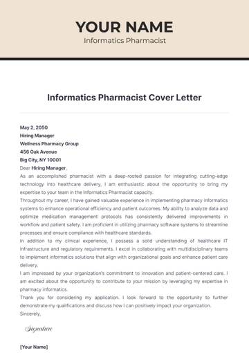 Free Informatics Pharmacist Cover Letter to Edit Online