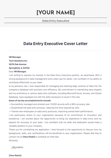 Free Data Entry Executive Cover Letter to Edit Online