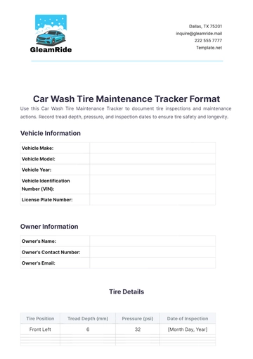 Free Car Wash Tire Maintenance Tracker Format Template to Edit Online