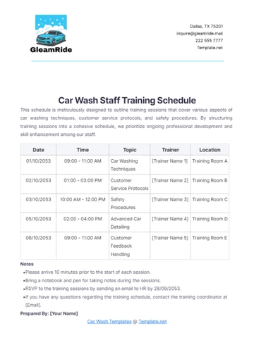 Free Car Wash Staff Training Schedule Template to Edit Online