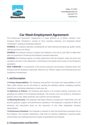 Free Car Wash Employment Agreement Sample Template to Edit Online