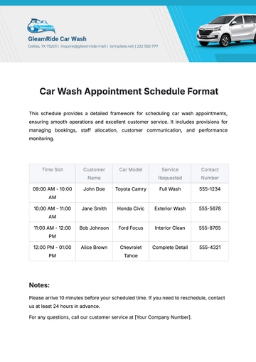 Free Car Wash Appointment Schedule Format Template to Edit Online