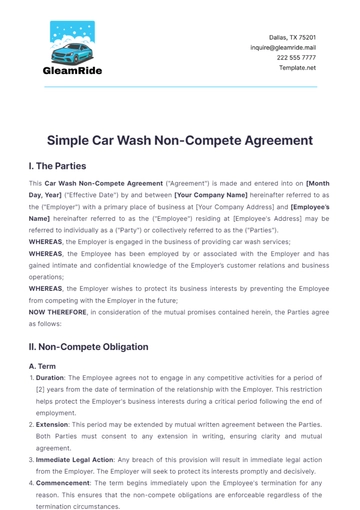 Free Simple Car Wash Non-Compete Agreement Template to Edit Online