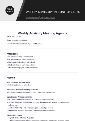 Free Weekly Advisory Meeting Agenda Template to Edit Online