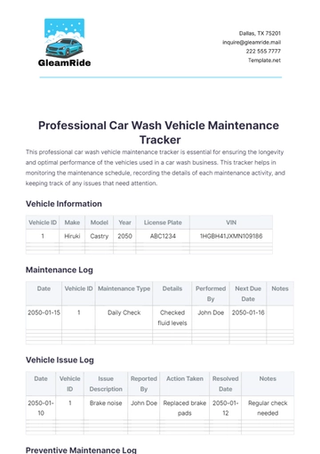 Free Professional Car Wash Vehicle Maintenance Tracker Template to Edit Online