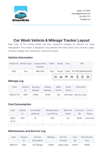 Free Car Wash Vehicle & Mileage Tracker Layout Template to Edit Online