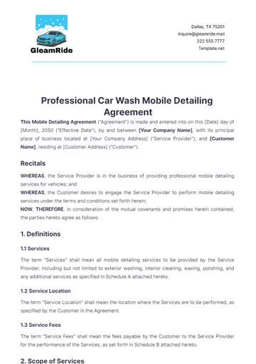 Free Professional Car Wash Mobile Detailing Agreement Template to Edit Online