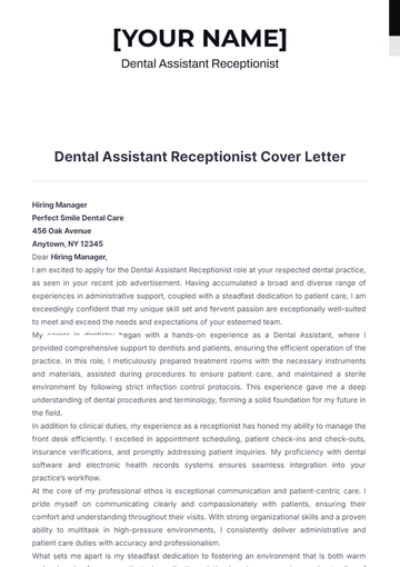 Free Dental Assistant Receptionist Cover Letter to Edit Online
