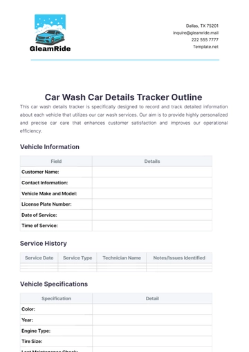 Free Car Wash Car Details Tracker Outline Template to Edit Online