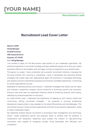 Free Recruitment Lead Cover Letter to Edit Online