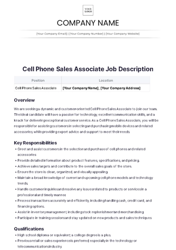 Free Cell Phone Sales Associate Job Description to Edit Online