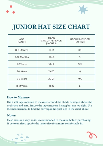 Free Junior Hat Size Chart Template to Edit Online