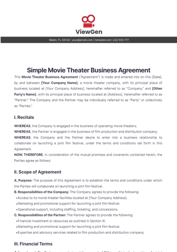 Free Simple Movie Theater Business Agreement Template to Edit Online