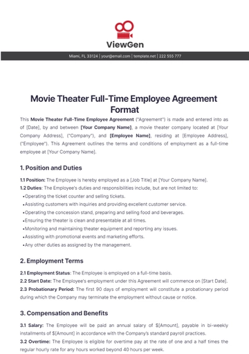 Free Movie Theater Full-Time Employee Agreement Format Template to Edit Online