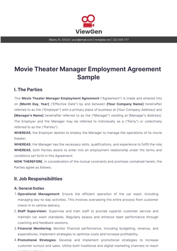 Free Movie Theater Manager Employment Agreement Sample Template to Edit Online