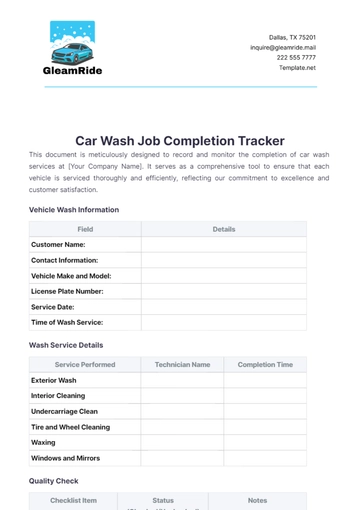 Free Car Wash Job Completion Tracker Template to Edit Online