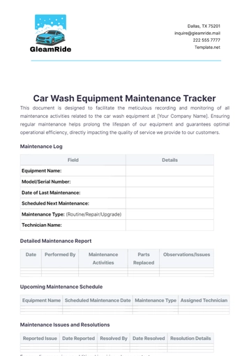 Free Car Wash Equipment Maintenance Tracker Template to Edit Online