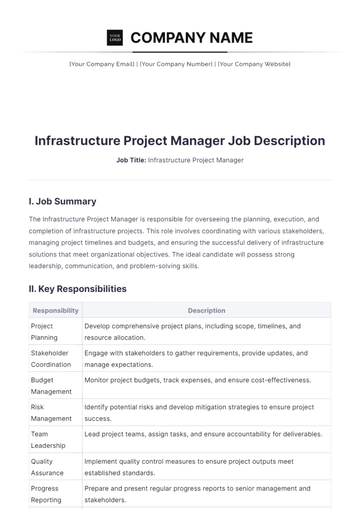 Free Infrastructure Project Manager Job Description to Edit Online
