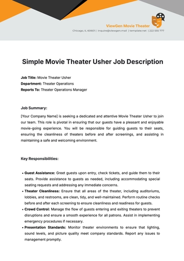 Free Simple%C2%A0Movie Theater Usher Job Description Template to Edit Online