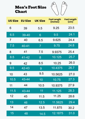 Free Men's Foot Size Chart Template to Edit Online