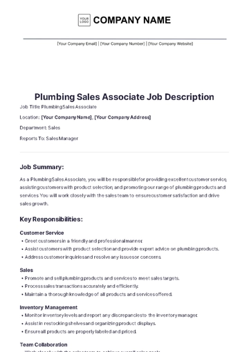 Free Plumbing Sales Associate Job Description to Edit Online