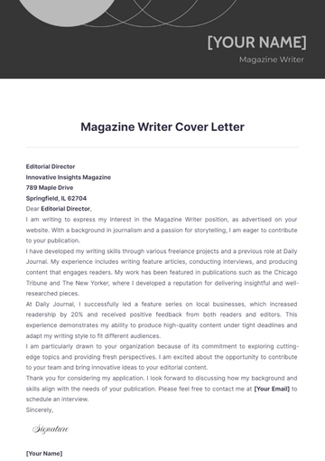Free Magazine Writer Cover Letter to Edit Online