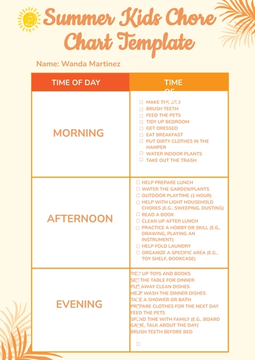 Free Summer Kids Chore Chart Template to Edit Online