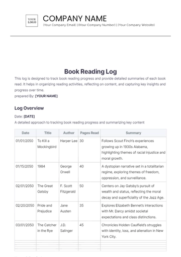 Free Book Reading Log Template to Edit Online