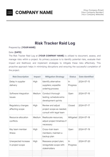 Free Risk Tracker Raid Log Template to Edit Online
