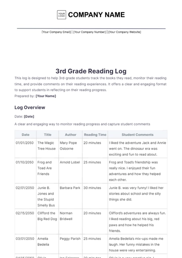 Free 3rd Grade Reading Log Template to Edit Online