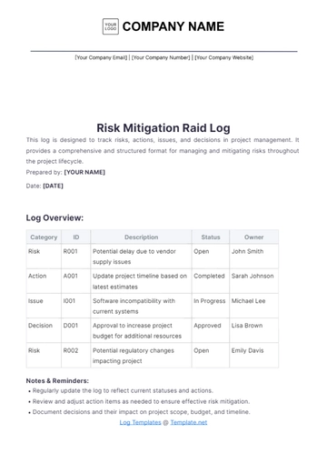 Free Risk Mitigation Raid Log Template to Edit Online