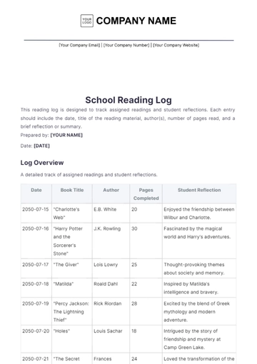 Free School Reading Log Template to Edit Online