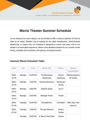 Free Movie Theater Summer Schedule Template to Edit Online