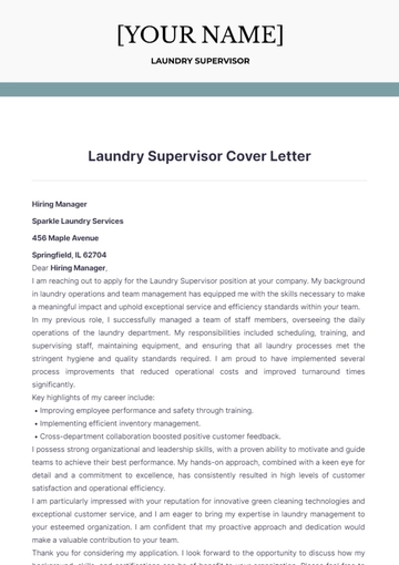 Free Laundry Supervisor Cover Letter to Edit Online