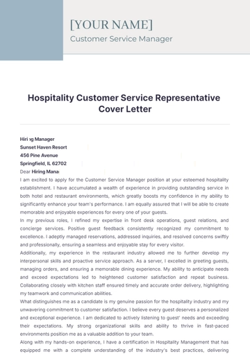 Free Hospitality Customer Service Representative Cover Letter to Edit Online
