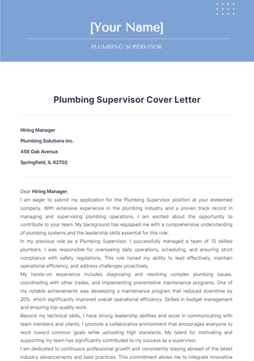 Free Plumbing Supervisor Cover Letter to Edit Online