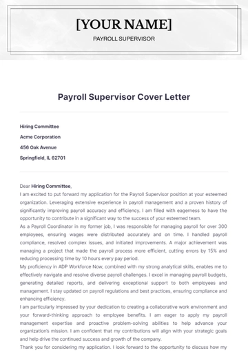 Free Payroll Supervisor Cover Letter to Edit Online