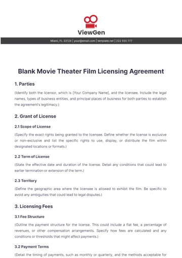 Free Blank Movie Theater Film Licensing Agreement Template to Edit Online
