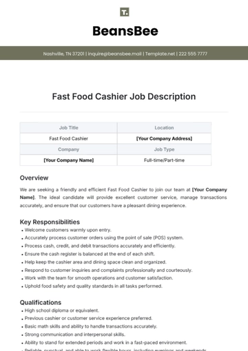Free Fast Food Cashier Job Description Template to Edit Online