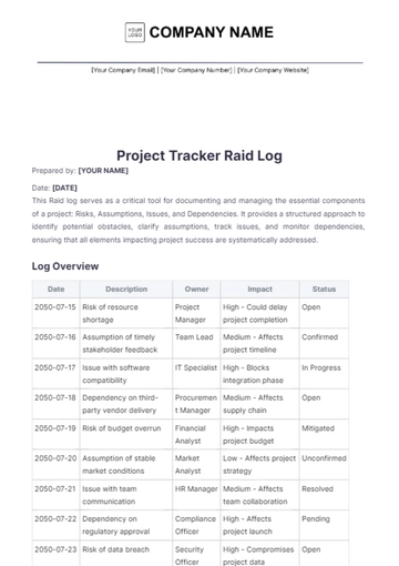 Free Project Tracker RAID Log Template to Edit Online