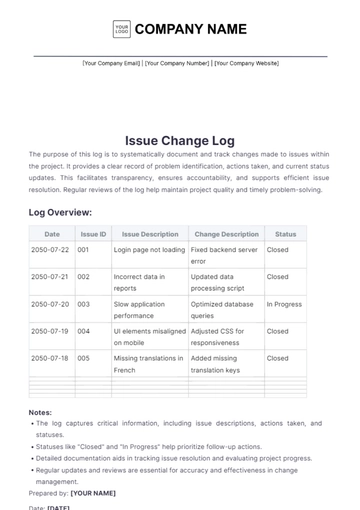 Free Issue Change Log Template to Edit Online