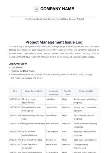 Free Project Management Issue Log Template to Edit Online