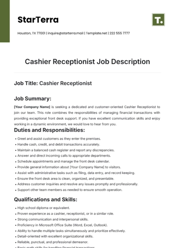 Free Cashier Receptionist Job Description Template to Edit Online